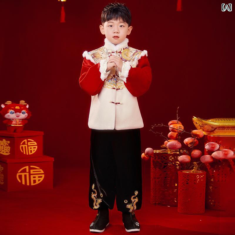 唐装 男の子 白 春節 セット トップス パンツ 中華風 子供服 カジュアル ポリエステル 柔らかい 厚手 オールシーズン 中小童 3歳から8歳