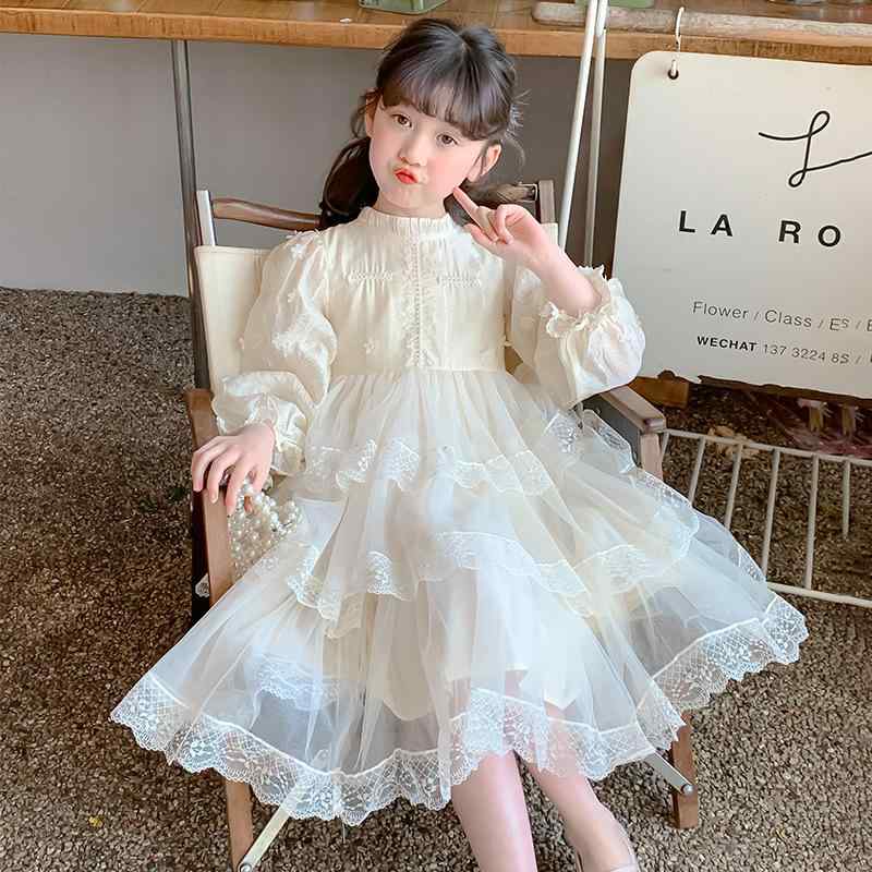 ワンピース 女の子 子供服 キッズ ジュニア 春秋 長袖 レース チュール 花柄 薄手 プリンセスドレス オフホワイト アイボリー 誕生日 発表会 結婚式 パーティー フォーマル セレモニー