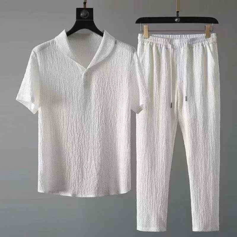 セットアップ メンズ 春夏 薄手 接触冷感 プリーツ 半袖 襟付き Tシャツ 9分丈 クロップドパンツ カジュアル トレンド 再生繊維