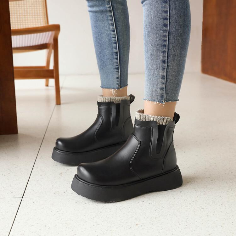 ショートブーツ レディース 女性用 ファッションブーツ 厚底 スクエアトゥ 配色ニット レザー切り替え PUレザー 合成皮革 欧米風 アカデミー風 大きいサイズ 春秋冬 カジュアル 歩きやすい 安定感