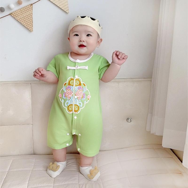 ロンパース カバーオール ベビー服 新生児 子供 男女兼用 中国風 盤扣 コーマ綿 薄手 半袖 春夏 お出かけ 普段使い A類