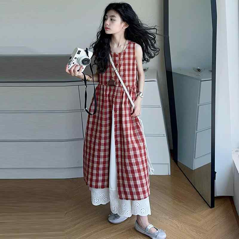 ワンピース 女の子 キッズ 春夏 トレンド レトロ 赤チェック柄 キャミソールワンピース ノースリーブ ロング丈 2点セット 綿 ソフト加工 カジュアル お出かけ お姫様風