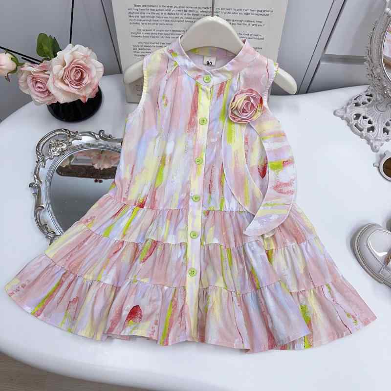 ワンピース キッズ 女の子 フリル ノースリーブ レインボー 虹 グラデーション 立体フラワー Aライン 綿 コットン 夏 かわいい 普段使い お出かけ ドレス ピンク