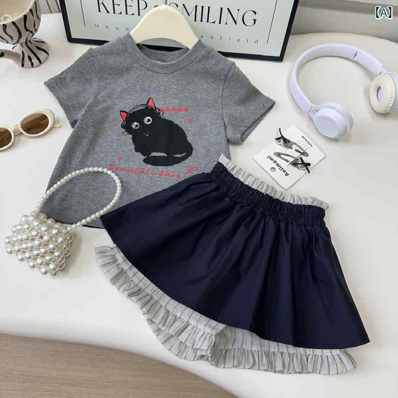 セットアップ 女の子 キッズ 半袖Tシャツ フリル キュロット スカートパンツ 猫柄プリント キャラクター 2点セット 綿 コットン グレー おしゃれ かわいい 普段使い お出かけ 春夏 カジュアル