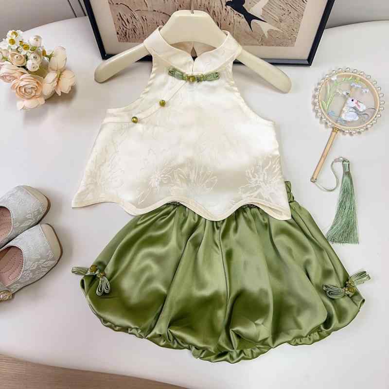 セットアップ 女の子 ベビー 女児 ノースリーブトップス バルーンパンツ ゆったりパンツ ポリエステル 夏 普段着 お出かけ カジュアル グリーン 上下セット 2点セット