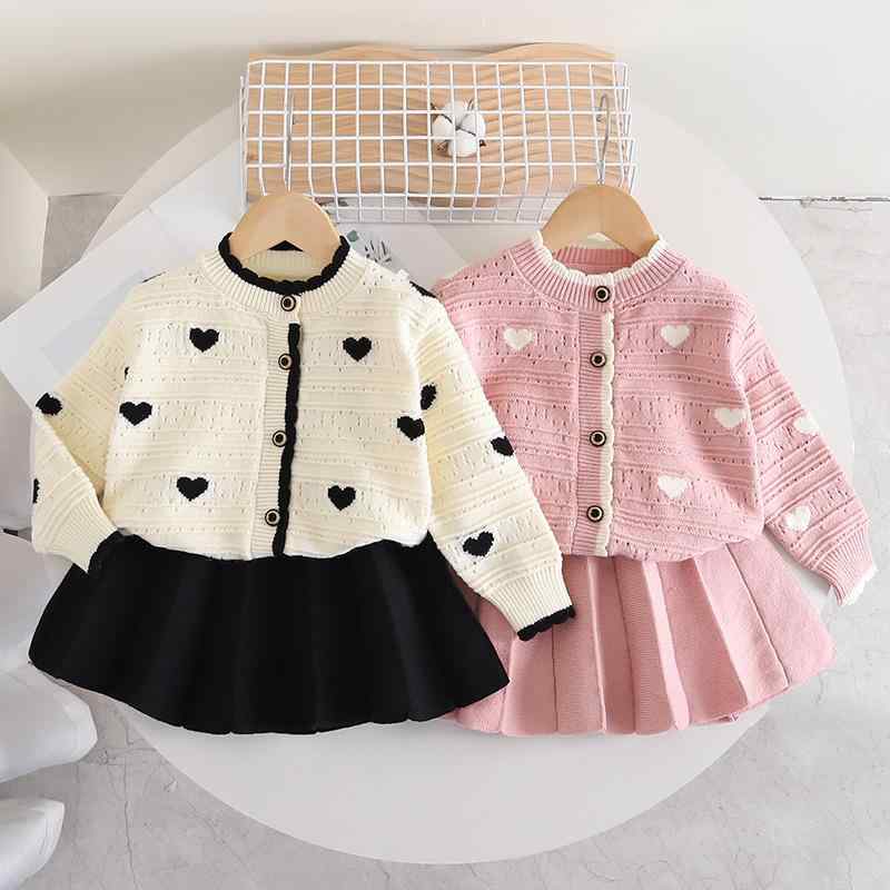 ニットワンピース キッズ 女の子 かわいい ハート 透かし編み 長袖 2点セット アクリル ソフトタッチ 韓国ファッション カジュアル 秋冬 丸首 クルーネック ホワイト ピンク