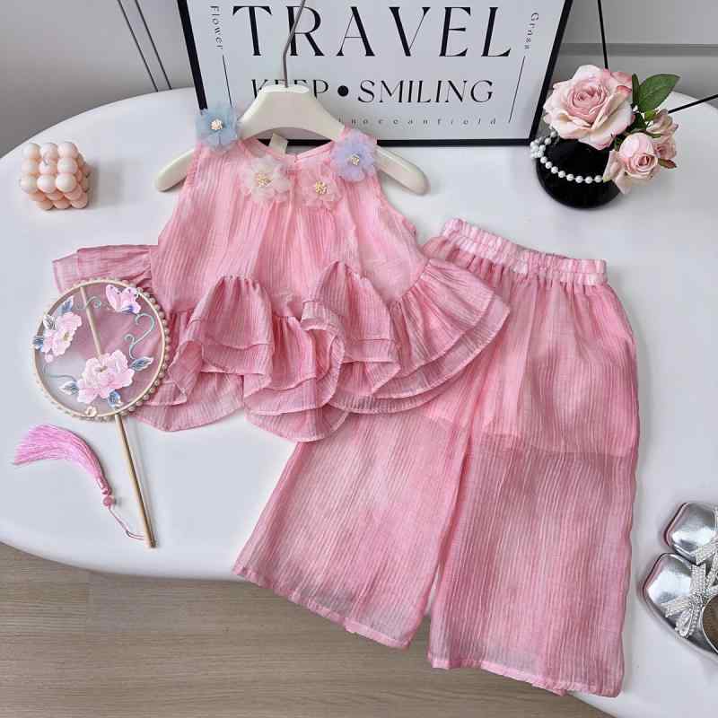 セットアップ 女の子 夏 女児 キッズ 子供服 おしゃれ かわいい 立体花 フリル ノースリーブトップス パンツ 普段使い お出かけ 涼しい 再生繊維 ピンク カジュアル