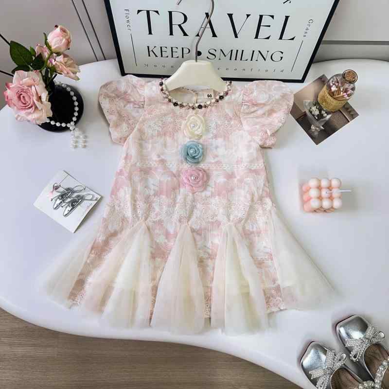 ワンピース 女の子 キッズ プリンセスドレス 春夏 立体花 チュールスカート かわいい Aライン フレア 結婚式 発表会 フォーマル お出かけ着 ピンク ポリエステル 韓国子供服
