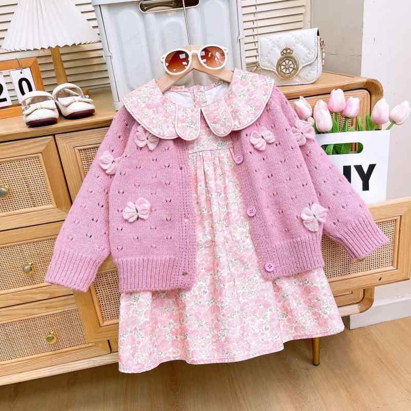 キッズ服 女の子用 秋冬 花柄ニットセーター プルオーバー 小花柄Aラインワンピース セットアップ カジュアル ポリエステル混紡 ピンク 普段着 お出かけ