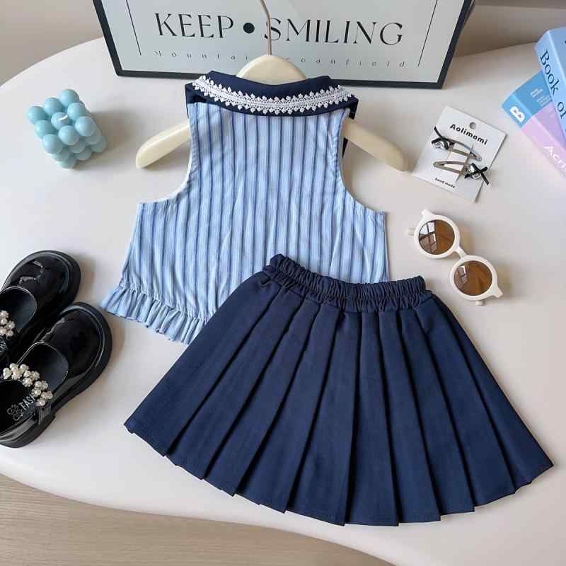 セットアップ キッズ 女の子 夏服 韓国 おしゃれ かわいい ノースリーブ フリルブラウス プリーツスカート ブルー ポリエステル 普段使い お出かけ カジュアル