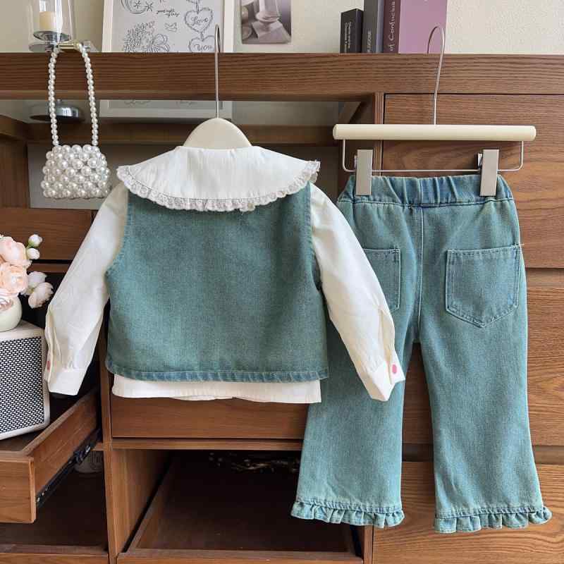 セットアップ 女の子 キッズ ドールブラウス デニムベスト ロングパンツ 長ズボン ボトムス 春秋 韓国 かわいい おしゃれ カジュアル コットン 子供服 ガールズ 普段着 お出かけ