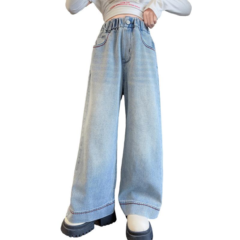 デニムパンツ 女の子 ガールズ キッズ ジュニア 春秋 ワイド ストレート トレンド おしゃれ 韓国 ハイウエスト ゴムウエスト ブルー 無地 ソフト加工 サンドウォッシュ