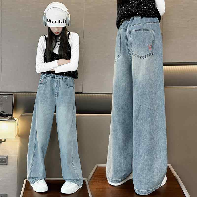 キッズ デニム 女の子 ストレート ワイド ゆったり ボトムス 春秋 韓国 綿 コットン ゴムウエスト 柔らか ライトブルー カジュアル ジュニア