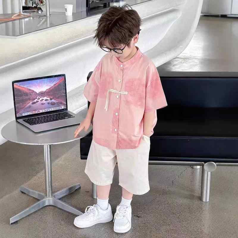 キッズ 男の子 セットアップ 夏物 上下セット 薄手 半袖 中国服 漢服 レトロ 中華風 山水柄 ルームウェア パジャマ 部屋着 カジュアル 涼しい さらさら 肌触り良い
