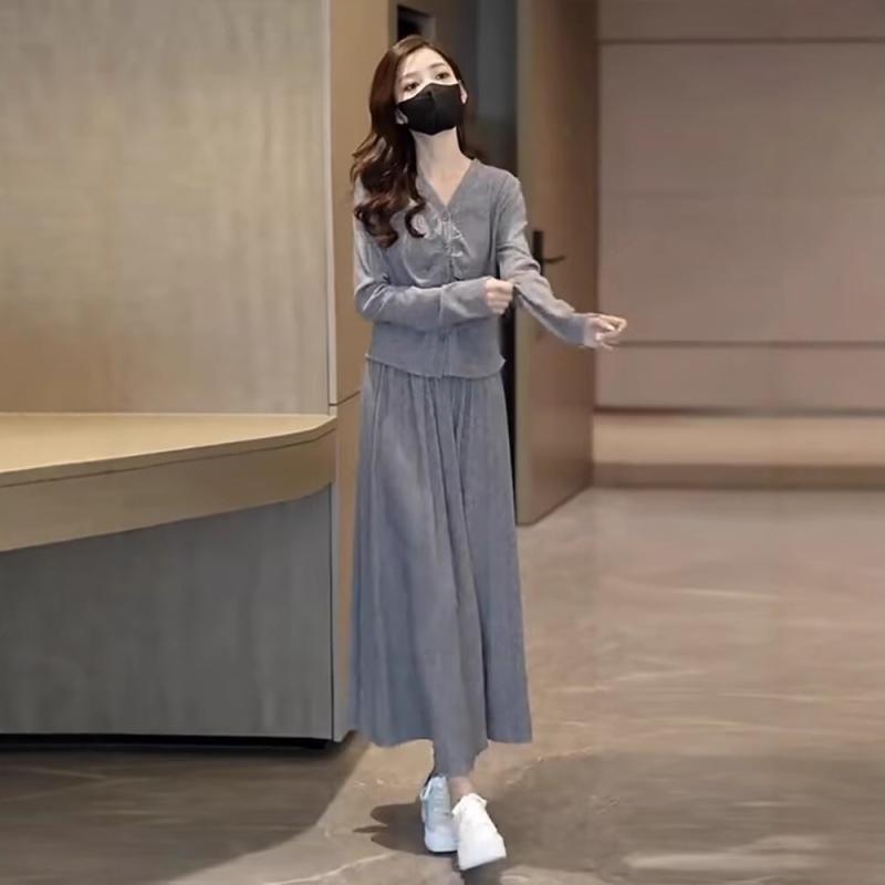 セットアップ レディース 秋冬 大人カジュアル きれいめ カーディガン 長袖トップス ハイウエストミモレ丈スカート 着痩せ 体型カバー 着回し ポリエステル 2点セット グレー ブラック