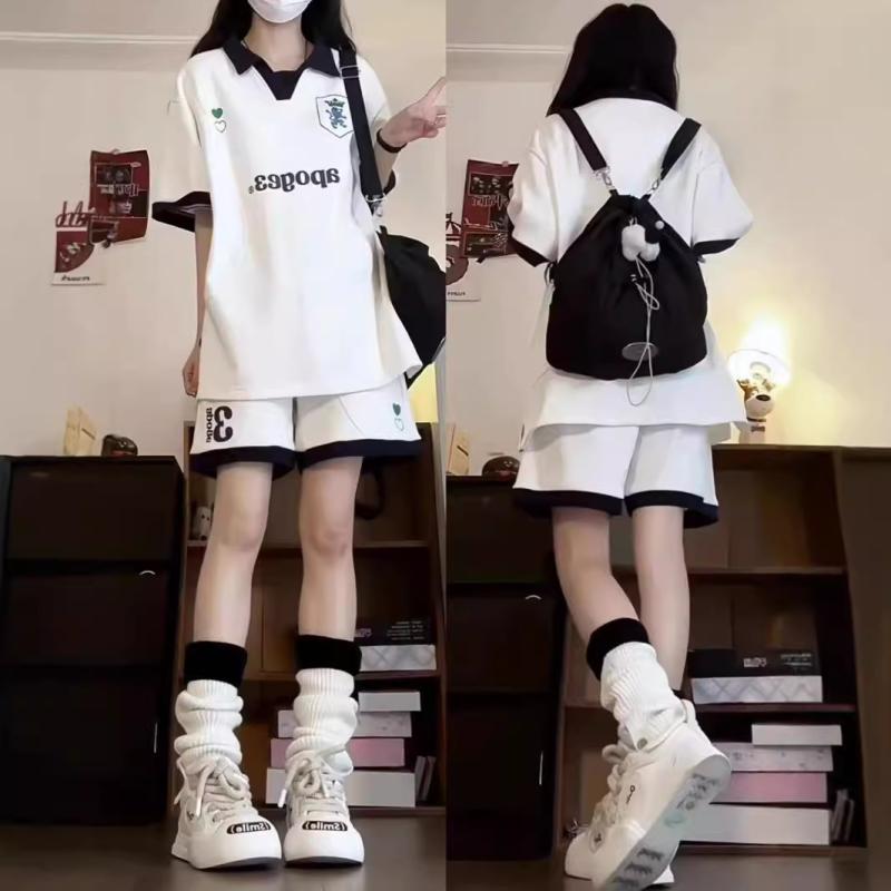 セットアップ レディース 韓国 カジュアル スポーツ 夏 ゆったり 半袖 Tシャツ ショートパンツ ハーフパンツ 上下セット 綿 コットン リラックス 普段使い 部屋着 ロゴ ポケット付き 切り替え 2点セット