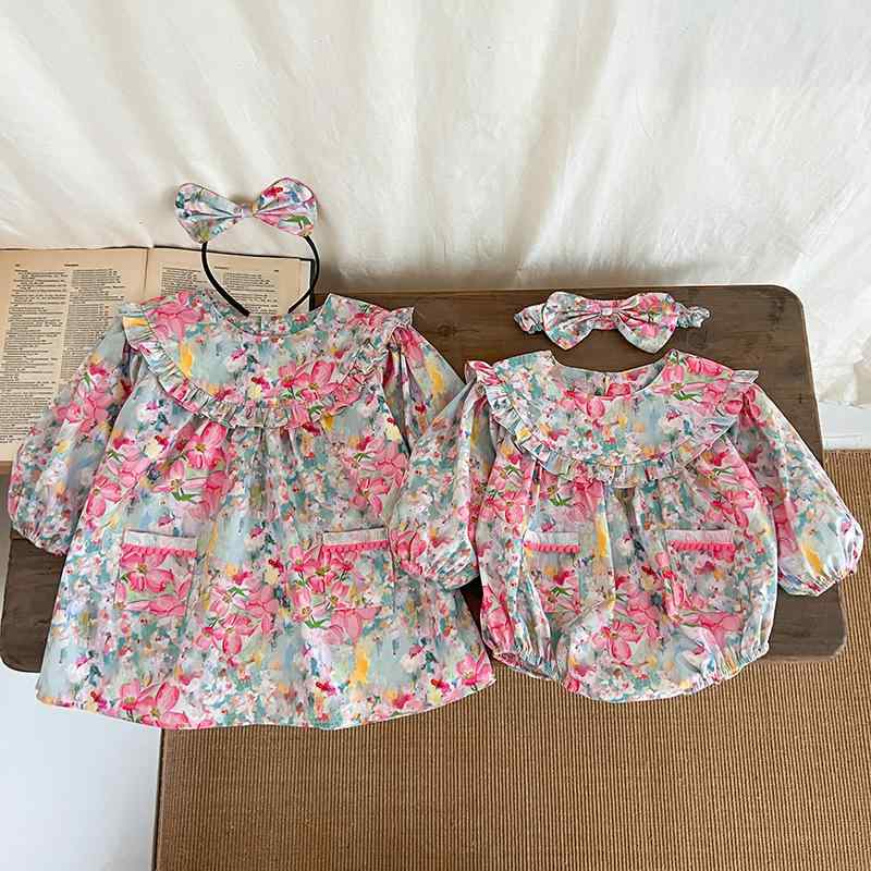 ベビー服 女の子 花柄 ロンパース カバーオール 長袖 綿 コットン ワンピース ドレス 春秋冬 姉妹コーデ 双子 お揃い カジュアル かわいい 乳幼児