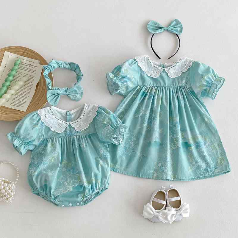 ワンピース ロンパース ベビー 女の子 半袖 パフスリーブ 韓国ファッション 綿 夏物 姉妹お揃い服 プルオーバー カジュアル 乳幼児ウェア