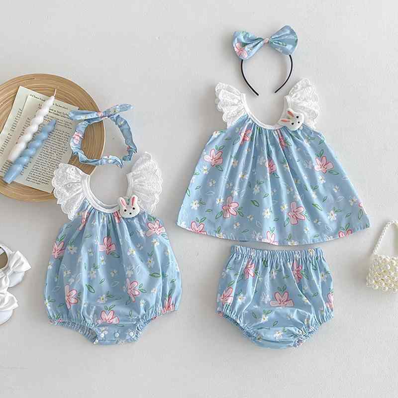 ベビー服 女の子 かわいい うさぎ ロンパース フリル袖 セットアップ 姉妹 お揃い 春夏 綿 コットン 半袖 韓国 オルチャン 肌に優しい