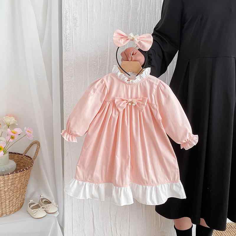 ワンピース キッズ 女の子 子供服 かわいい 長袖 プリンセスドレス Aライン フレア ふんわりシルエット リボン付き ピンク コットン 綿 柔らかい肌触り 普段着 お出かけ フォーマル 発表会 誕生日 春秋