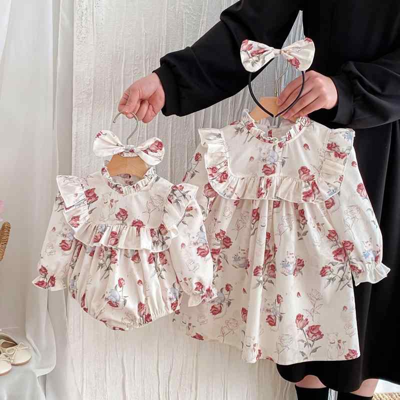 ロンパース ベビー 女の子 幼児服 かわいい フリル レース おしゃれ プリンセス ドレス風 長袖 綿 1歳 2歳 3歳 姉妹お揃い おでかけ着 上品 春秋