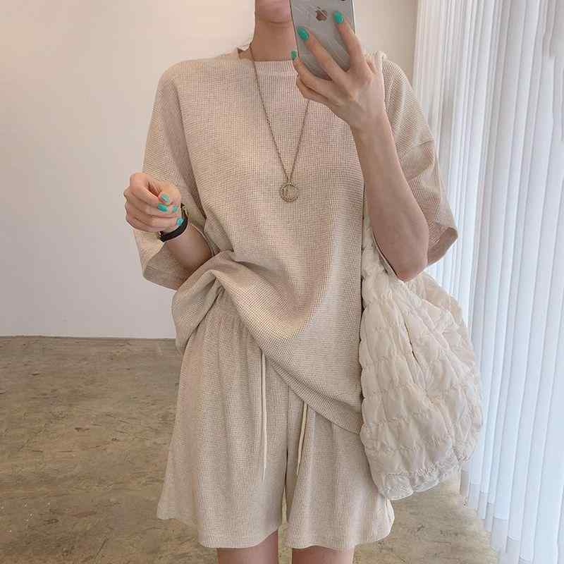 セットアップ レディース 韓国 ゆったり 体型カバー ワイドショートパンツ 半袖 春夏 吸湿速乾 ポリエステル スポーツ カジュアル 普段使い リラックスウェア ベージュ グレー