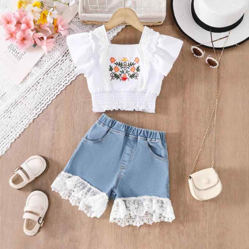 セットアップ 女の子 キッズ 子供服 半袖 Tシャツ デニムパンツ 上下セット 韓国 オルチャン おしゃれ かわいい 綿 コットン カジュアル 春夏 普段着 白 ホワイト