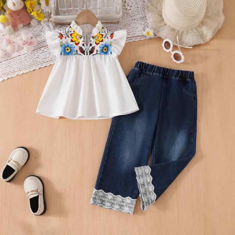 セットアップ 女の子 キッズ 春夏 綿 コットン 柔らかい 欧米風 かわいい 花柄 半袖トップス デニムパンツ 上下セット 白 ホワイト 通園 通学 普段使い カジュアル レジャー お出かけ 子供服 幼稚園 小学生 3歳 8歳