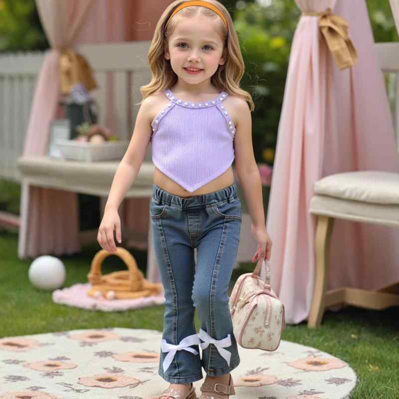 子供服 女の子 タンクトップ セットアップ リボン スリット デニム フレアパンツ コットン カジュアル 普段使い お出かけ着 ジュニア 春夏 かわいい おしゃれ ラベンダー