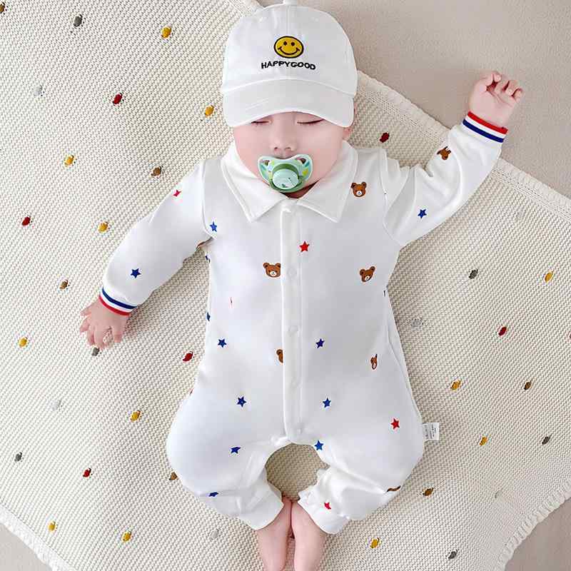 ロンパース ベビー 新生児 乳幼児 カバーオール ボディスーツ 長袖 襟付き クマ柄 プリント 綿 純綿 前開き スナップボタン ユニセックス カジュアル 普段使い オールシーズン A類