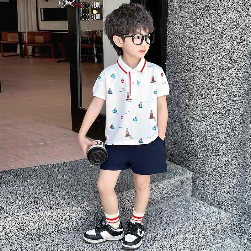 キッズ 男の子 半袖 ポロシャツ セットアップ ショートパンツ 綿 コットン 薄手 柔らか プルオーバー 吸湿速乾 ヨット柄 春夏 普段使い お出かけ 通園