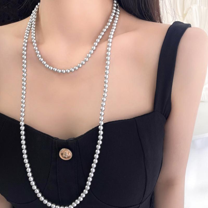 ネックレス レディース シルバー925 フェイクパール ロングネックレス 多層 真円 光沢感 高級感 韓国 フェミニン オーストラリアホワイト アコヤグレー