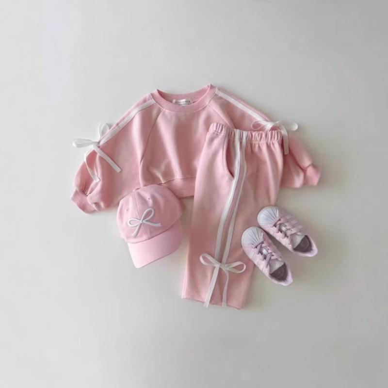 キッズ 女の子 ベビー 幼児 スウェット セットアップ 韓国子供服 綿 プルオーバー 長袖 ロングパンツ リボン 切り替え 柔らか 無地 スポーツ 普段着 春秋