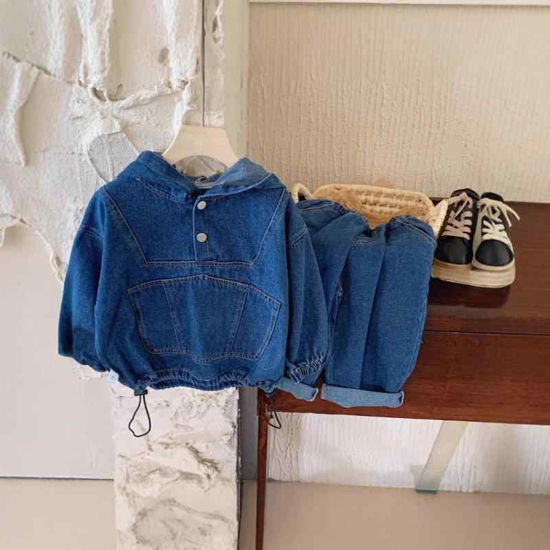 ベビー デニム セットアップ 男の子 女の子 男女兼用 秋冬 おしゃれ トレンド フード付きパーカー 無地 ジーンズ ロングパンツ 2点セット コットン 柔らかい 長袖 韓国 普段着 通園 お出かけ カジュアル
