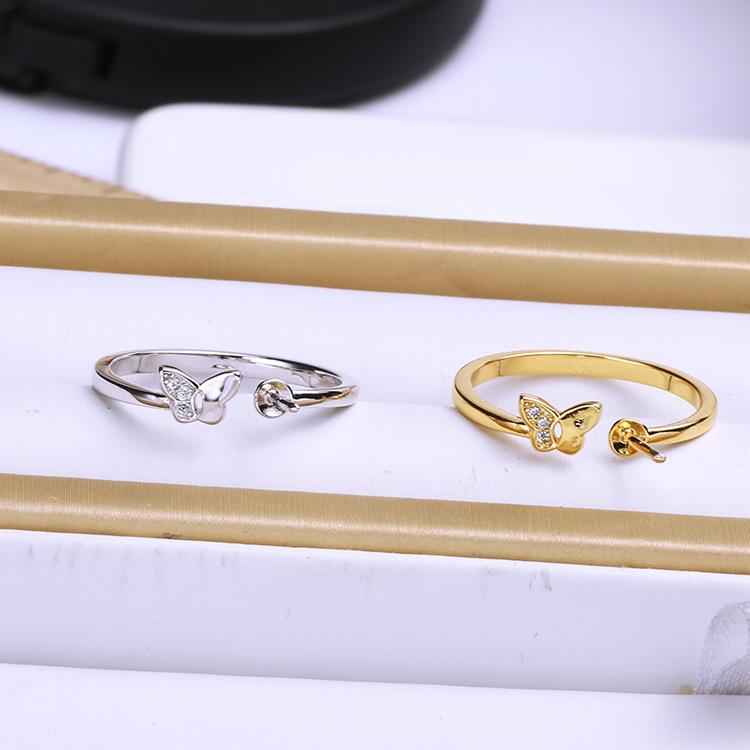 指輪 レディース 純銀 シルバー925 ハンドメイド 蝶々 バタフライ パール パール リングパーツ 空枠セッティング 台座 扁平型 丸型パール対応 ゴールド シルバー