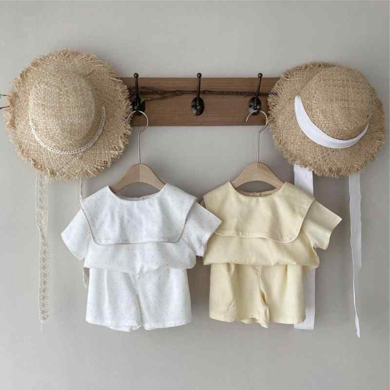 ベビー服 女の子 夏物 韓国子供服 ビッグカラー 開襟 ドール風 ブラウス シャツ ショートパンツ 綿 コットン 薄手 柔らかい肌触り 敏感肌対応 上下セット ホワイト ベージュ 普段着 お出かけ