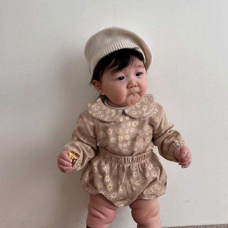 ベビー服 ベビー 男の子 女の子 デイジープリント 襟付き 長袖 トップス ブルマ ショートパンツ 2点セット 綿混紡 ソフトタッチ 柔らか素材 普段着 お出かけ 韓国ファッション 秋冬