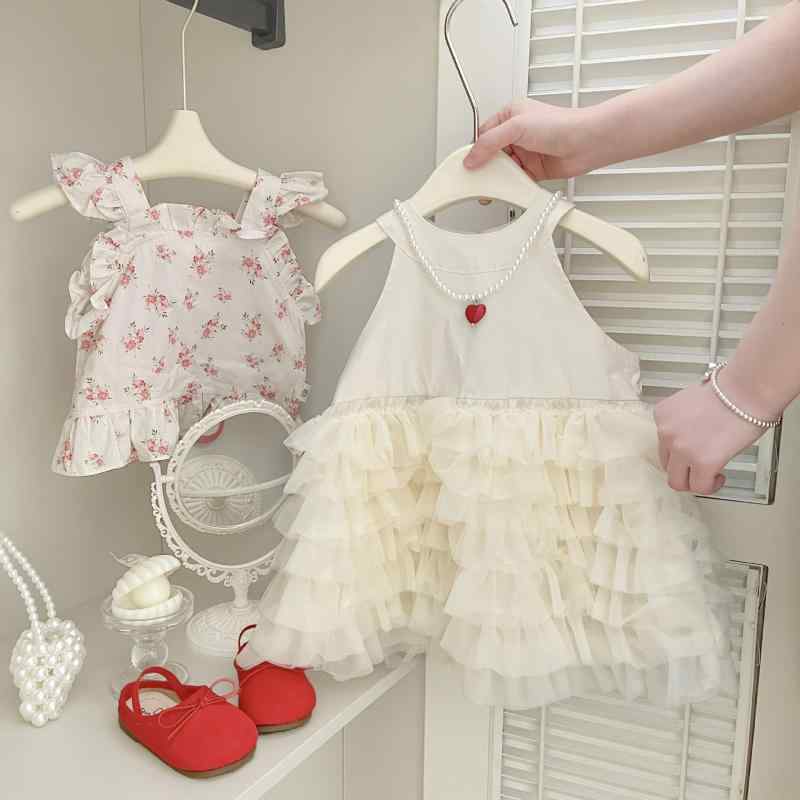 ワンピース 女の子 ベビー ノースリーブ プリンセス ティアードドレス 綿 1歳 誕生日 セレモニー お祝い 無地 かわいい 春夏