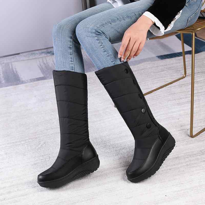 スノーブーツ レディース 女性用 ミドル丈 厚底 防寒 保温 寒冷地対応 合成皮革 フェイクファー ボア ゴム底 ラウンドトゥ 韓国 無地 ブラック 大きいサイズ ワイドサイズ 秋冬