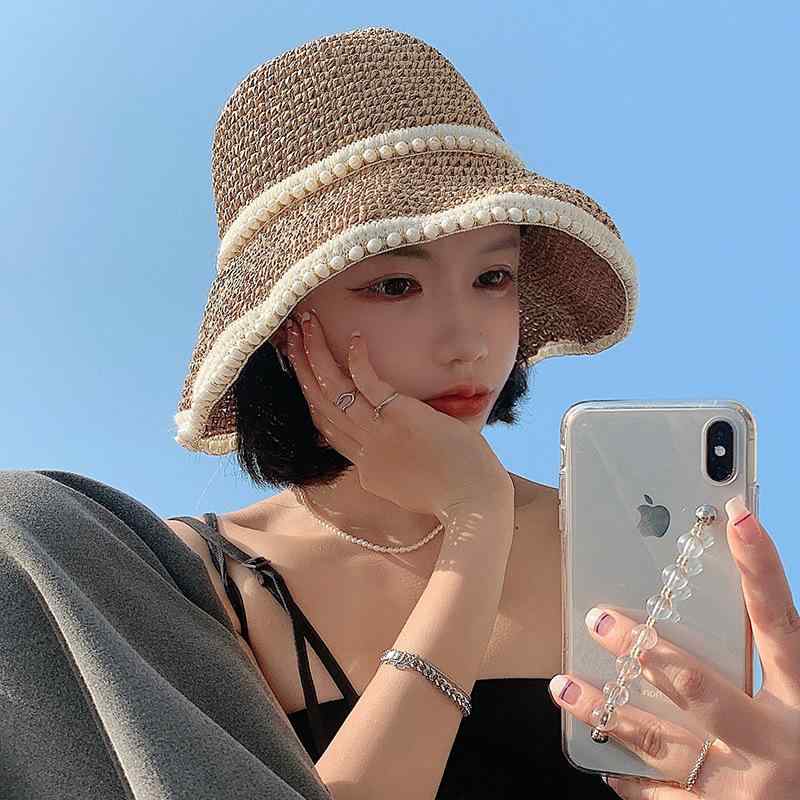 麦わら帽子 レディース ストローハット パール付き 女性用 編み込み つば広 ワイドブリム サマーハット ラウンドトップ 日よけ UVカット 紫外線対策 ビーチ 旅行 レジャー 通気性 カジュアル ファッション