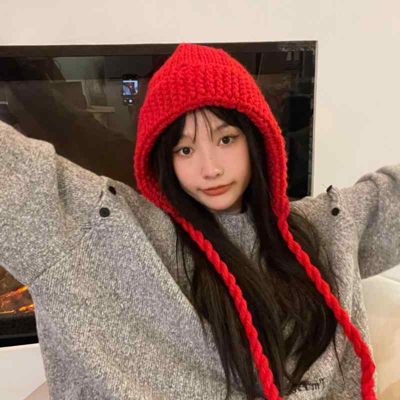 ニット帽 レディース レッド 赤 韓国 秋冬 保温 防寒 小顔効果 おしゃれ ファッション トレンド 普段使い カジュアル 綿 コットン ビーニー ワッチキャップ 暖かい デイリー