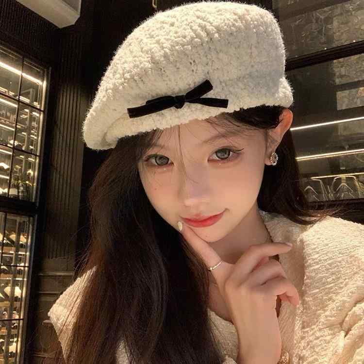 ベレー帽 レディース リボン ファー ボア もこもこ 小顔効果 かわいい フェミニン 甘め 韓国 おしゃれ 無地 あったか 防寒 普段使い お出かけ 秋冬