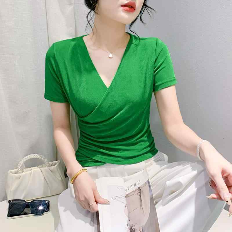 Tシャツ レディース 春夏 Vネック 半袖 スリムフィット 細見え メッシュ シアー 切り替え クロスプリーツ プルオーバー インナー トップス カットソー 無地 カジュアル お出かけスタイル