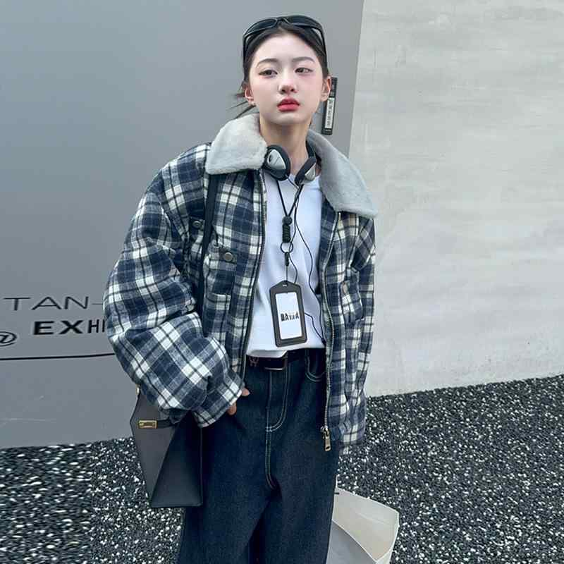 キッズ 女の子 秋冬 厚手 中綿入り チェック柄 切り替え ボア襟 ゆったり オーバーサイズ ジャケット アウター レトロ 韓国 ポリエステル混紡 柔らか カジュアル 防寒 ジュニア