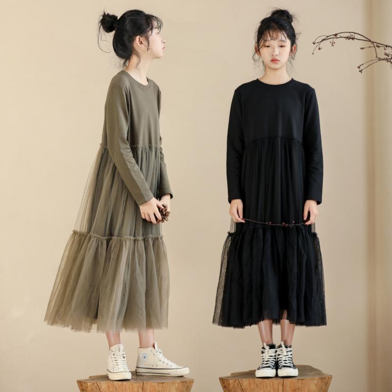ワンピース 女の子 キッズ ジュニア 中大童 秋冬 韓国 チュール シースルー 切り替え スウィート ガーリー ゆったり リラックスフィット ロング丈 マキシ丈 長袖 綿 コットン素材 普段着 通学 お出かけ 親子コーデ ブラック グリーン