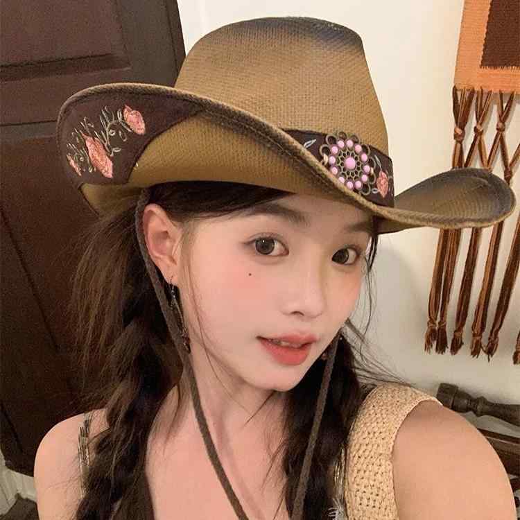 麦わら帽子 男女兼用 ウエスタン カウボーイハット ストローハット 旅行 アウトドア UVカット 日よけ ワイドブリム フラットトップ 通気性 綿混 ポリエステル 春夏 グラデーションブラウン 高級感