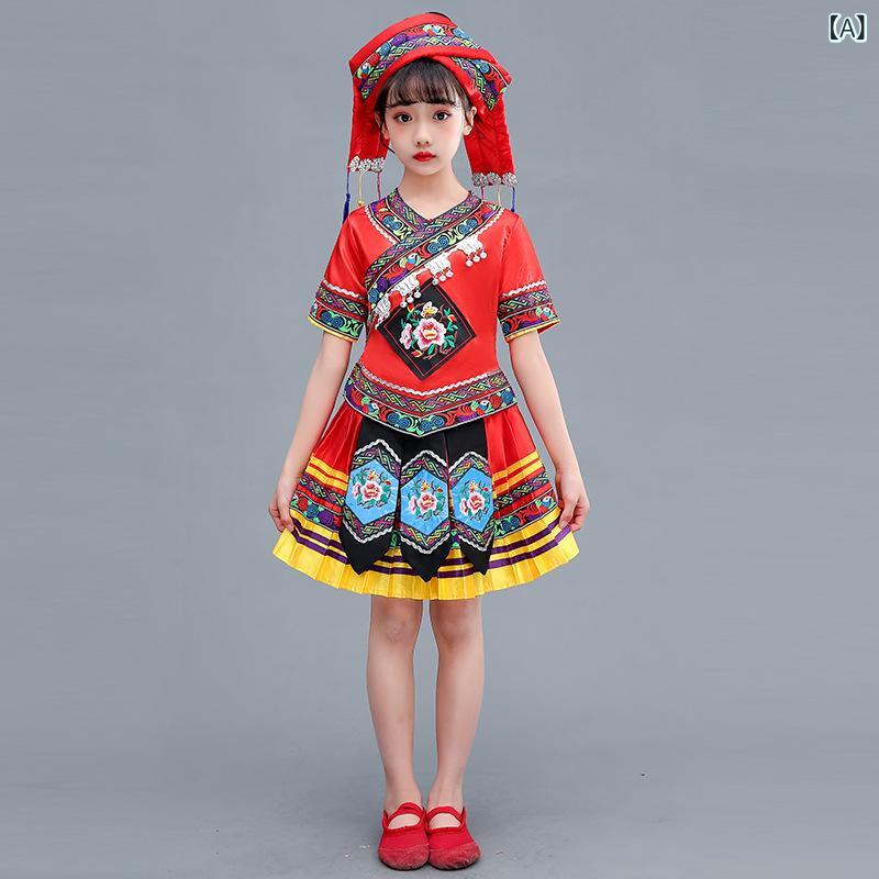 ダンス衣装 キッズ 女の子 少数民族 苗族 壮族 瑶族 発表会 舞台 ステージ 演劇 ハロウィン イベント コスチューム ポリエステル 麻調生地 レッド ブルー ピンク スカイブルー