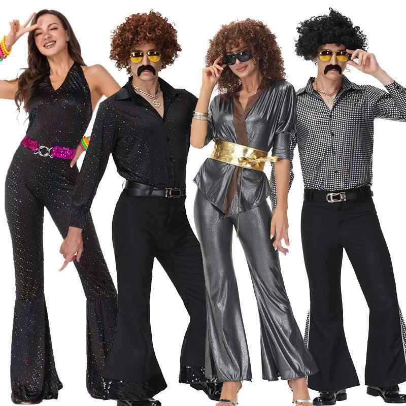 コスチューム 大人 男女兼用 カップル ペア 70年代 ディスコ レトロ ハロウィン 衣装 ダンス パーティー イベント 舞台 ステージ パフォーマンス ウェア 仮装 変装 ポリエステル混紡 伸縮性素材