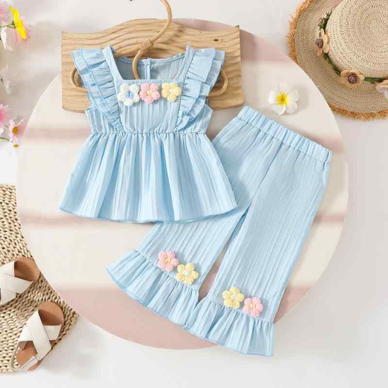 ベビー服 女の子 セットアップ フリルVネック 花柄 ノースリーブ ロングパンツ 2点セット レース 春秋 柔らか素材 ストレッチ ライトブルー カジュアル お出かけ