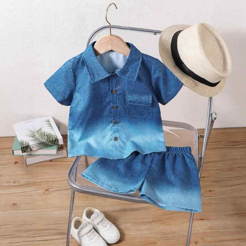 キッズ 男の子 セットアップ 半袖 ショートパンツ グラデーション デニム風 ロイヤルブルー 薄手 軽量 ポリエステル ソフト素材 カジュアルウェア 春夏 普段着 通学着 子供服